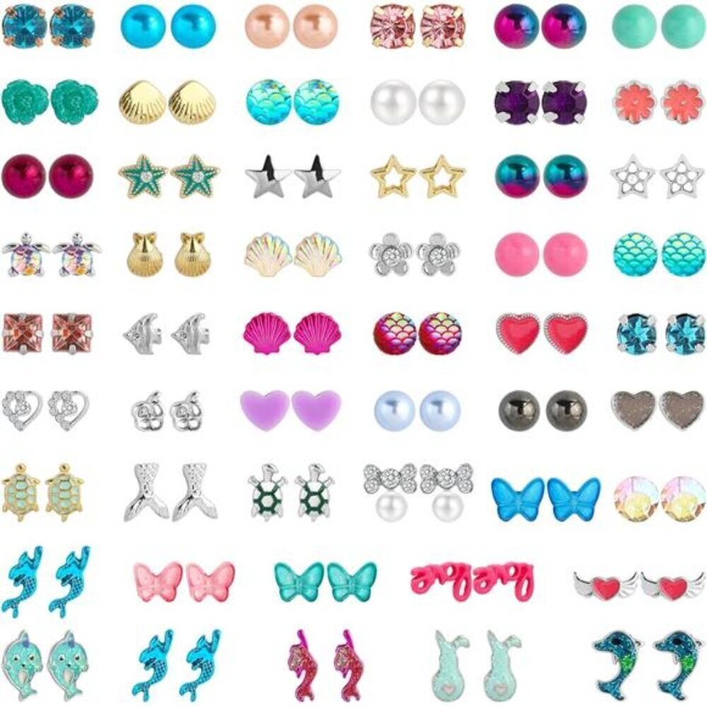 Mermaid and Ocean Theme Earring Set – 52 Pairs, Fun and Colorful Stud Earrings